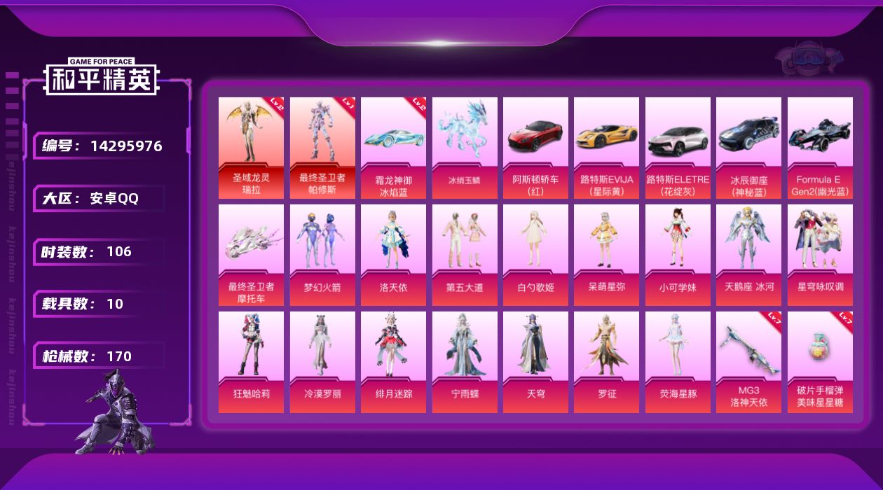 和平精英账号安卓QQ[14295976]【店主推荐捡漏号！可直接换绑】/素材身法号 安卓 手Q-2神装-15粉装-15特效枪-10载具-7粉色飞行器-7.1w热力值-6王牌印记-106套装-170枪皮【红色载具】：霜龙神