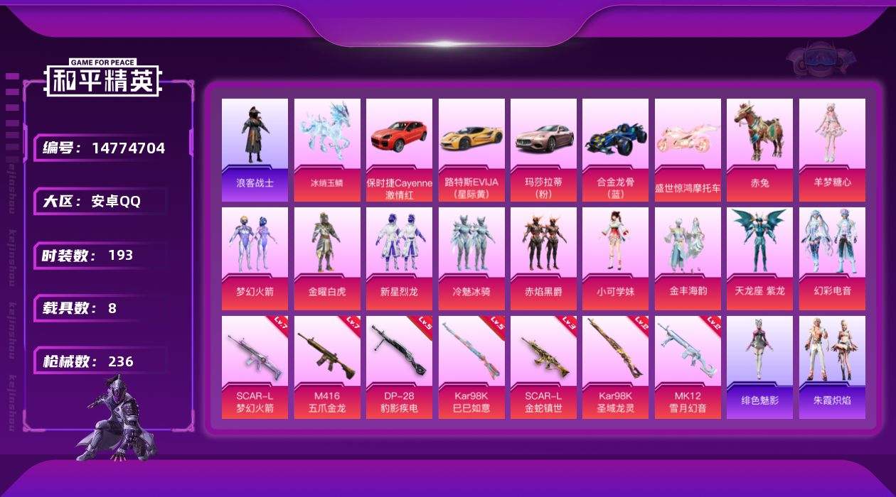 和平精英账号安卓QQ[14774704]【店主推荐捡漏号！可直接换绑】安卓 手Q-10粉装-7特效枪-8载具-9粉色飞行器-8.4w热力值-8王牌印记-193套装-236枪皮【热门品类】：粉装-梦幻火箭，套装-浪漫天命，