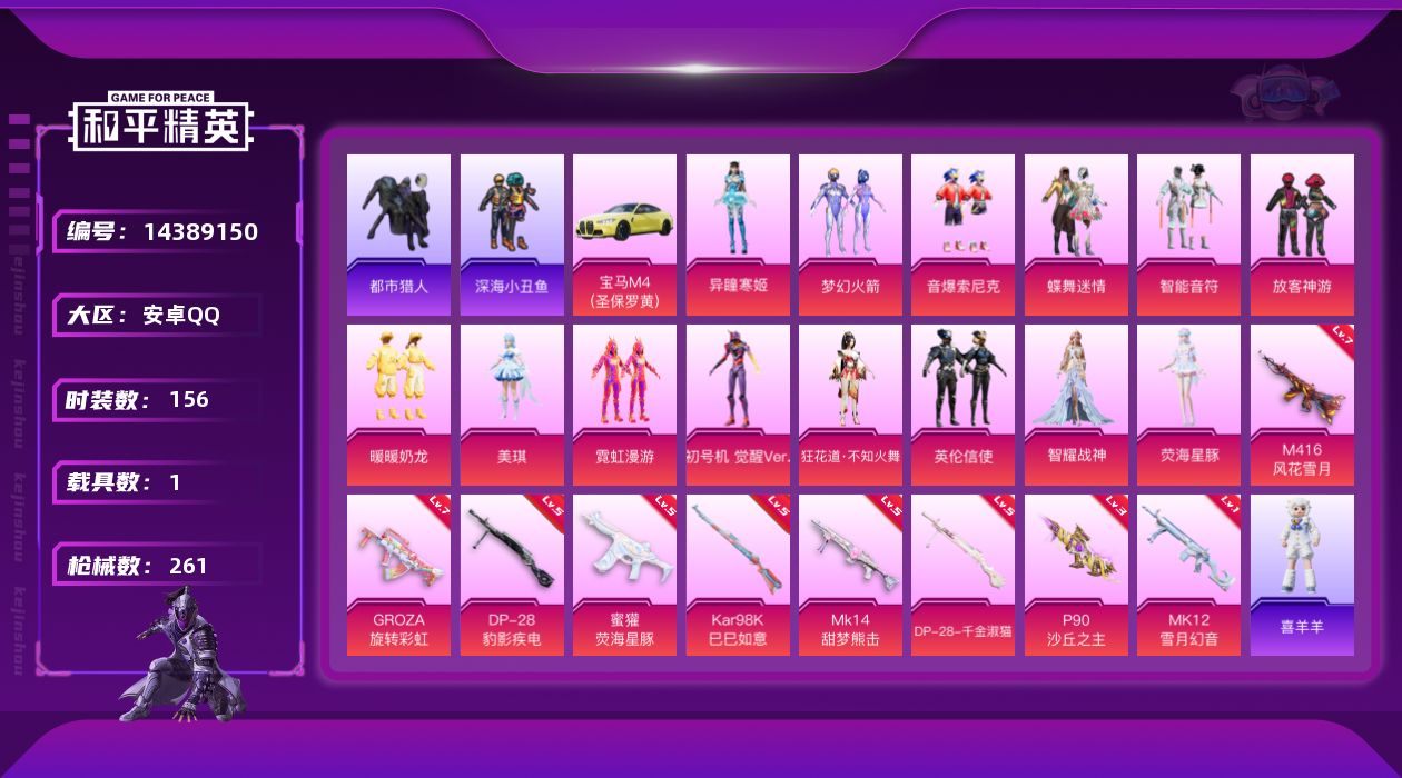 和平精英账号安卓QQ[14389150]【店主推荐捡漏号！可直接换绑】/素材身法号/扭蛋碎片869/地铁满天赋 安卓 手Q-14粉装-9特效枪-1载具-4粉色飞行器-7.7w热力值-10王牌印记-156套装-261枪皮【