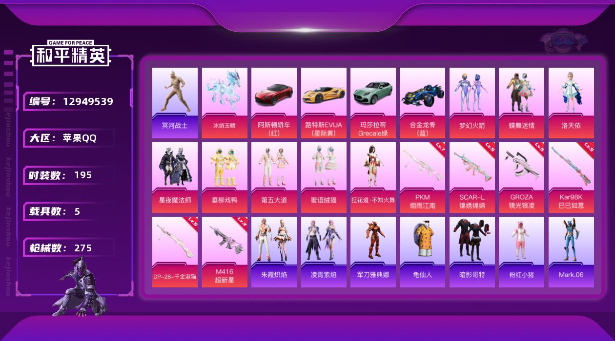 和平精英账号苹果QQ[12949539]可换红装/素材身法号/无敌战神框1/老木乃伊/璀璨碎片1219【特价急出/详情看图】：苹果 手Q-无敌战神框-1红装-10粉装-6特效枪-5载具-4粉色飞行器-9.3w热力值-20