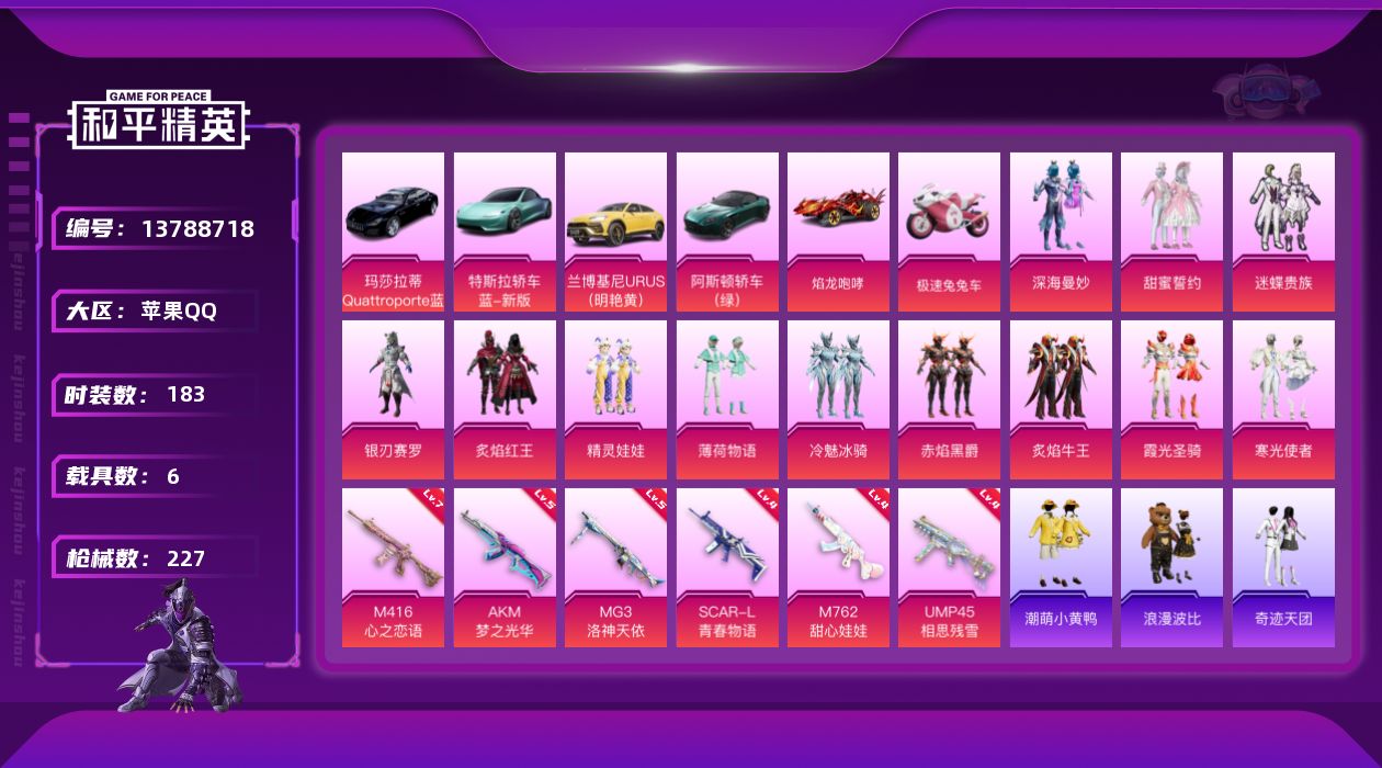 和平精英账号苹果QQ[13788718]【店主推荐捡漏号！可直接换绑】/素材身法号 苹果 手Q-12粉装-6特效枪-6载具-2粉色飞行器-8.2w热力值-13王牌印记-183套装-227枪皮【热门品类】：角色-2P战斗服