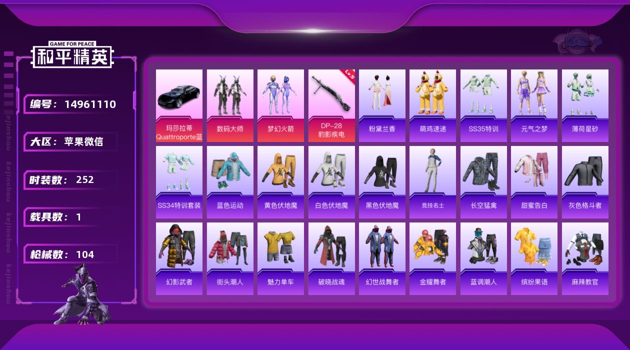 和平精英账号苹果微信2粉装 1特效枪 1载具 5印记 可二次 
【热门装扮】梦幻火箭(新101) ,数码大师
【载具】玛