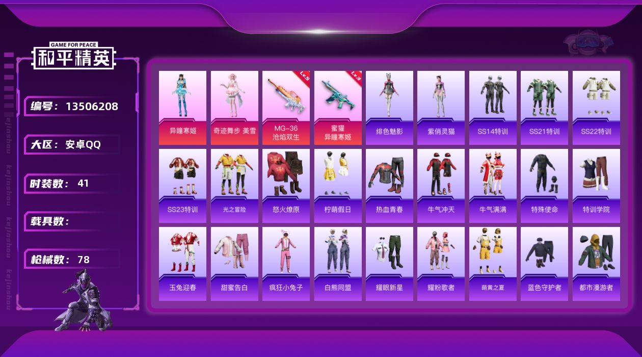 和平精英账号安卓QQ[13506208]安卓 手Q-2粉装-2特效枪-1.8w热力值-1王牌印记-41套装-78枪皮【粉色套装】：角色-奇迹舞步 美雪，角色-异瞳寒姬【粉色枪皮等级】：蜜獾-异瞳寒姬(三级)，MG-36-