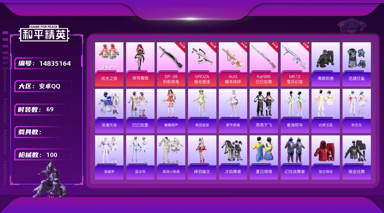 和平精英账号安卓QQ[14835164]安卓 手Q-2粉装-5特效枪-0载具-1粉色飞行器-25299热力值-2王牌印记-69套装-100枪皮
【热门品类】：套装-浪漫天命
【粉色套装】：粉装-炫光之旅，角色-绯穹魔姬
