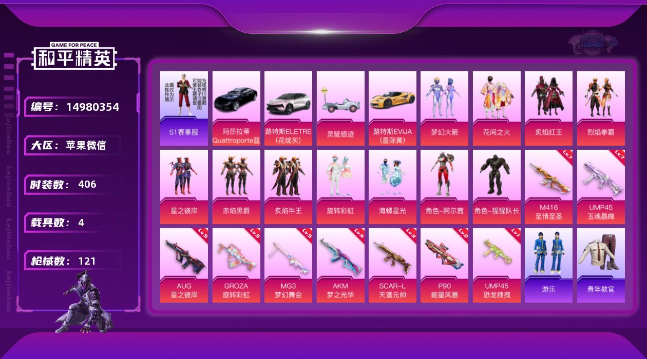 和平精英账号苹果微信[14980354]11粉装 9特效枪 4载具 9印记 可二次 可修改实名 
【热门装扮】梦幻火箭(