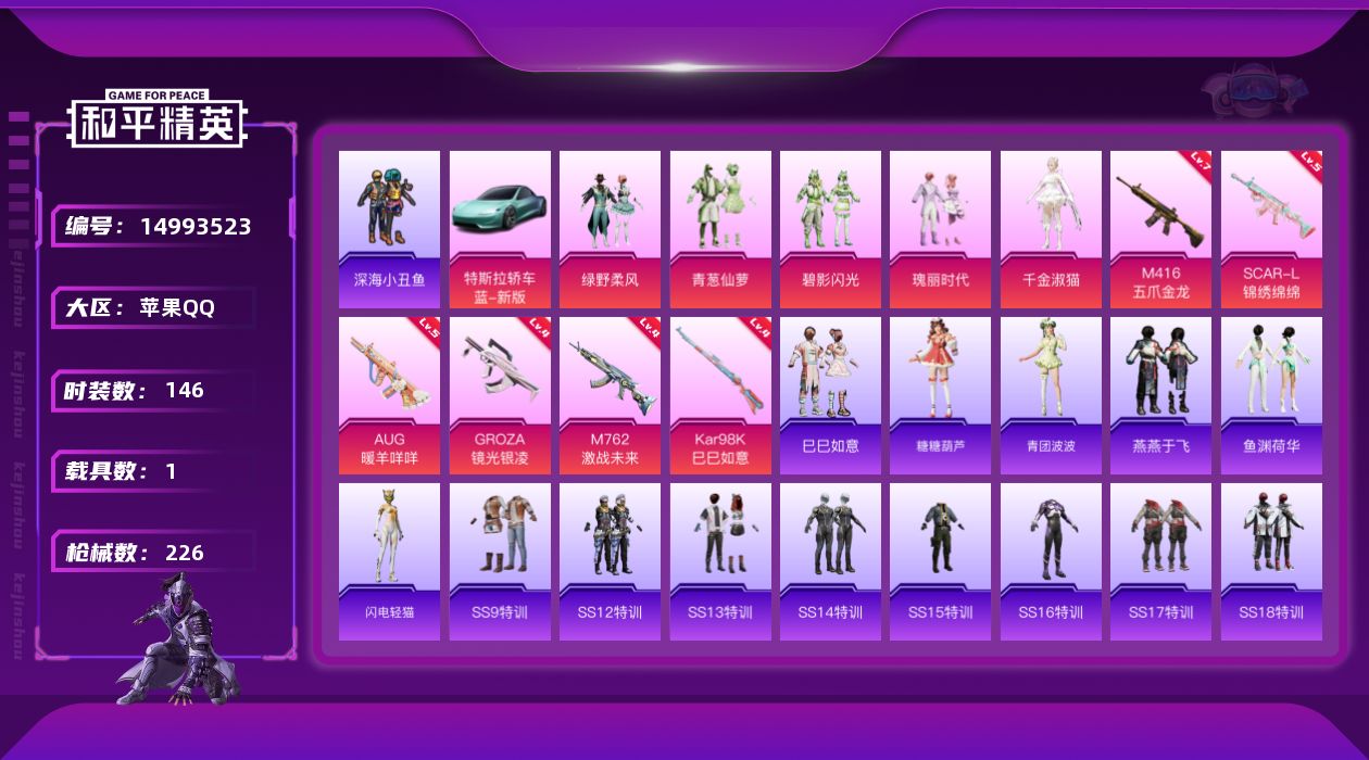 和平精英账号苹果QQW4857    可立即换绑无需挂单养号    苹果 手Q-5粉装-6特效枪-1载具-64650热力