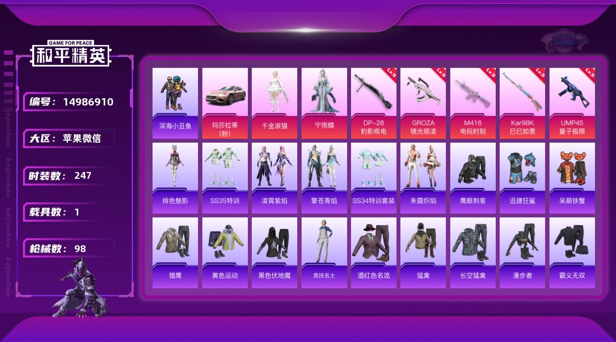 和平精英账号苹果微信2粉装 5特效枪 1载具 4印记 可二次 可修改实名 
【热门装扮】千金淑猫,宁雨蝶,迅捷狂鲨,鹰眼
