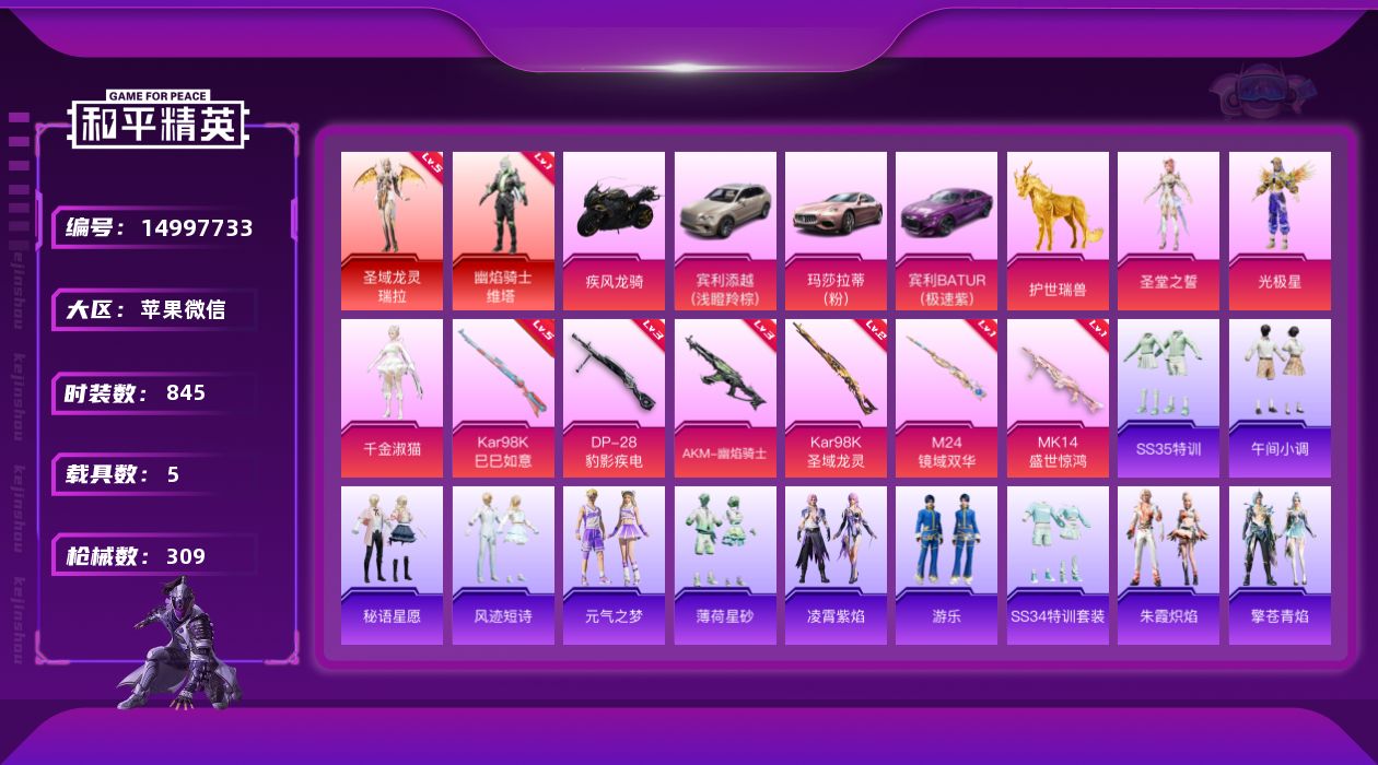 和平精英账号苹果微信[14997733]2红装 3粉装 6特效枪 5.0载具 27印记 可二次 
【五级神装】五级圣域龙