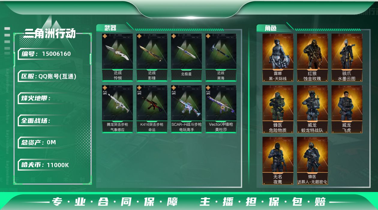 三角洲行动账号QQ"Rs9168/QQ区/1100W哈弗币/277M总资产/北极星/黑海/怜悯/锋影/红狼蚀金玫瑰/威