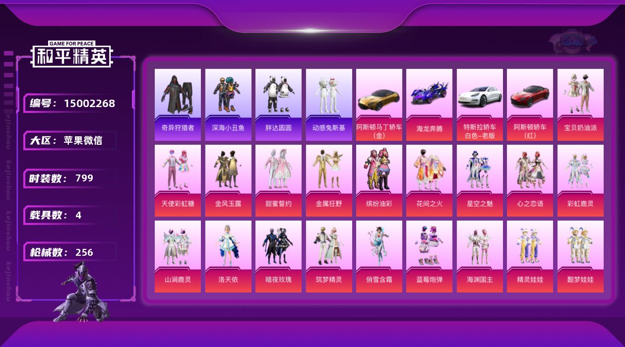 和平精英账号苹果微信[15002268]22粉装 10特效枪 4载具 20印记 可二次 可修改实名 战神框
【热门装扮】