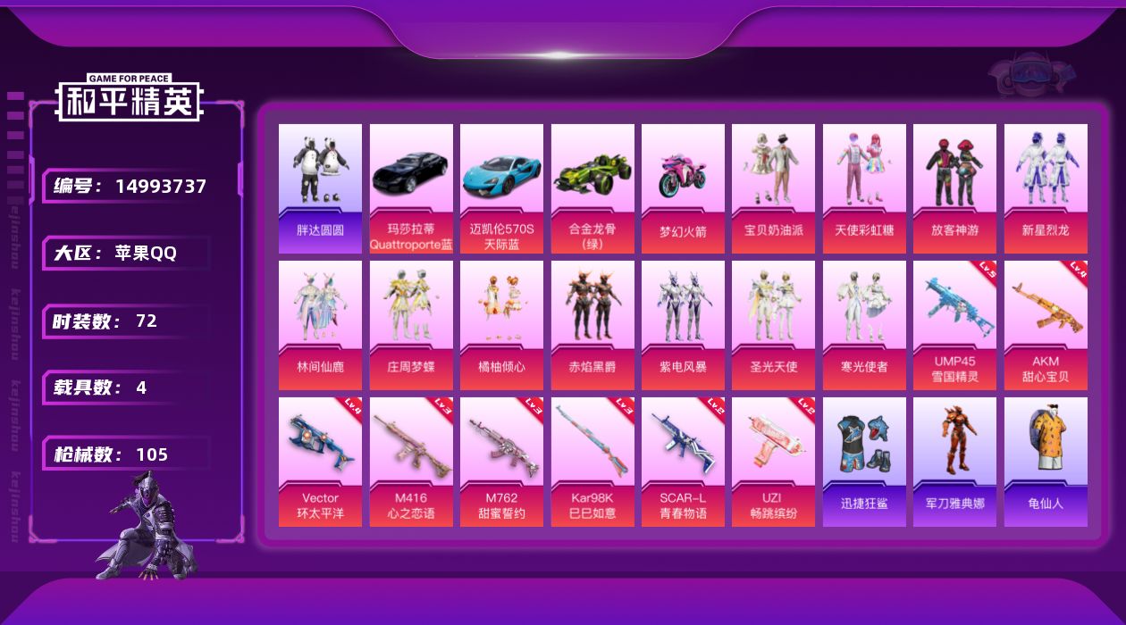 和平精英账号苹果QQW8995  可立即换绑无需挂单养号  苹果 手Q-11粉装-8特效枪-4载具-3粉色飞行器-401