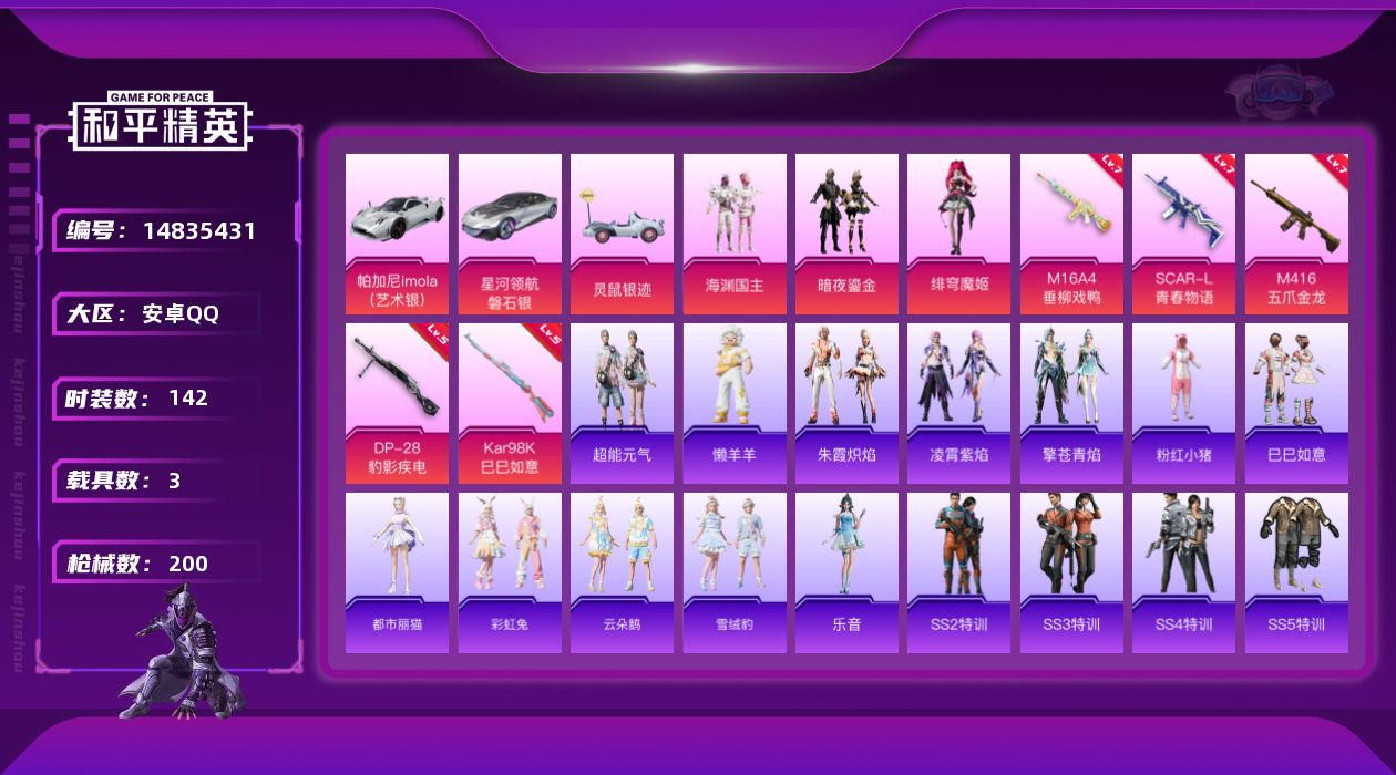 和平精英账号安卓QQ[14835431]【店主推荐捡漏号！可直接换绑】素材身法号 安卓 手Q-3粉装-5特效枪-3载具-2粉色飞行器-6.7w热力值-15王牌印记-142套装-200枪皮
【热门品类】：套装-粉红小猪
【