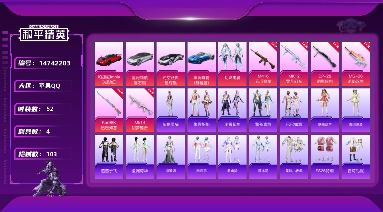 和平精英账号苹果QQ[14742203]可二次【店主推荐捡漏号！可直接换绑】/素材身法号 苹果 手Q-1粉装-6特效枪-4载具-2粉色飞行器-3.2w热力值-5王牌印记-52套装-103枪皮【粉色套装】：粉装-幻彩电音【