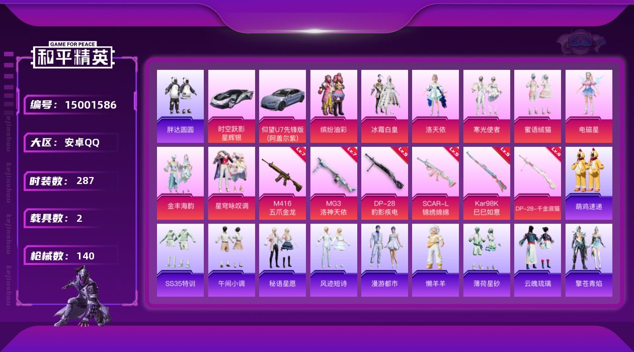 和平精英账号安卓QQ[15001586]8粉装 6特效枪 2载具 10印记 可二次 可修改实名 
【热门装扮】:星穹咏叹