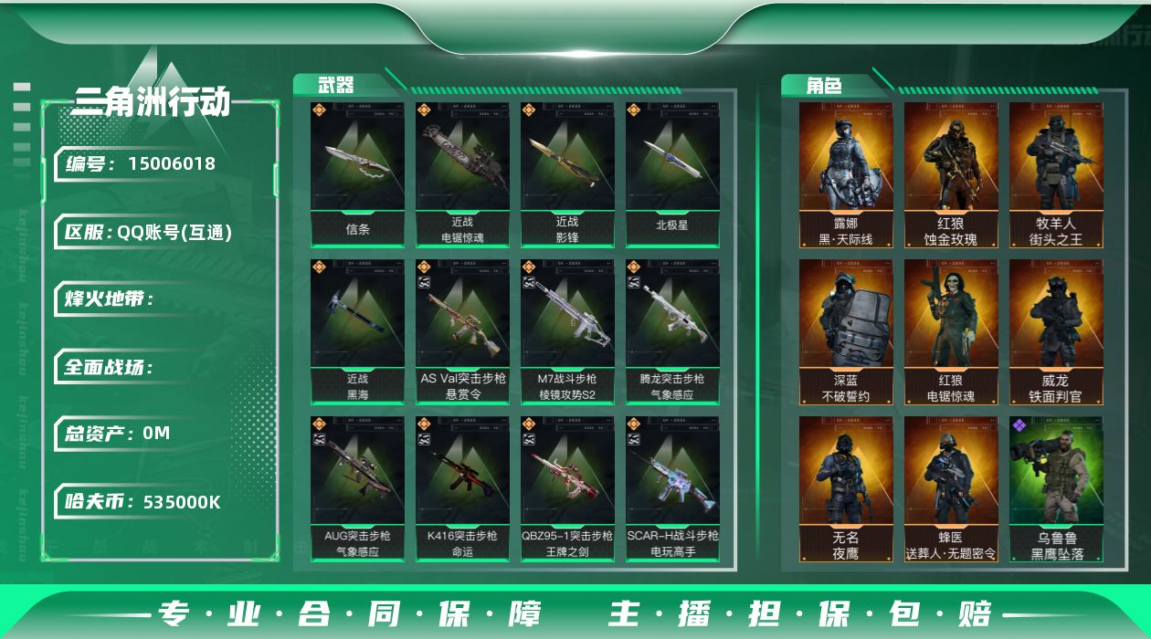 三角洲行动账号QQRs9134/QQ区/总资产1.1B/哈夫币535M/【干员皮肤：红狼-蚀金玫瑰/红狼-电锯惊魂/威