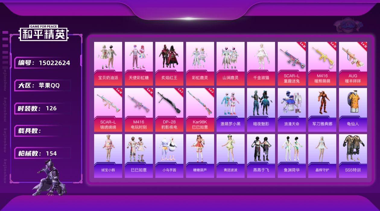 和平精英账号苹果QQ[15022624]"DF21有二次 苹果Q-1稀有6粉装7特效枪14热门126套装154枪皮 52215热力值 18印记 历史超级王牌16星 宝贝奶油派 天使彩虹糖  甜心宝贝背包
【1稀有】 浪漫