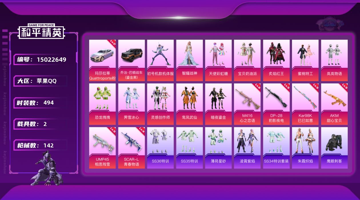 和平精英账号苹果QQ0AQBYB"1升级车1普通载具11粉装5粉枪

特殊装备【初号机款机体服,】
三币车【玛莎拉