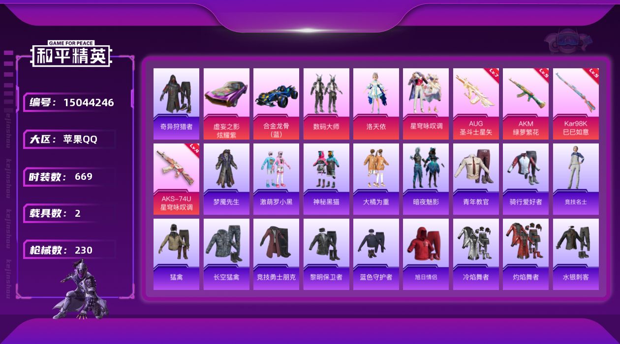 和平精英账号苹果QQ3粉装 4特效枪 2载具 17印记 可二次 可修改实名 
【热门装扮】:奇异狩猎者,星穹咏叹调,洛天