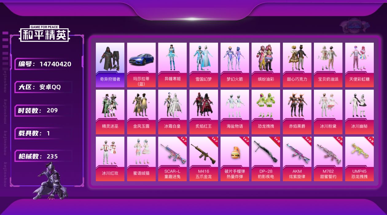 和平精英账号安卓QQ[14740420]可二次【店主推荐捡漏号！可直接换绑】安卓 手Q-18粉装-8特效枪-1载具-4粉色飞行器-8.7w热力值-12王牌印记-209套装-235枪皮
【热门品类】：粉装-雪国幻梦，粉装-