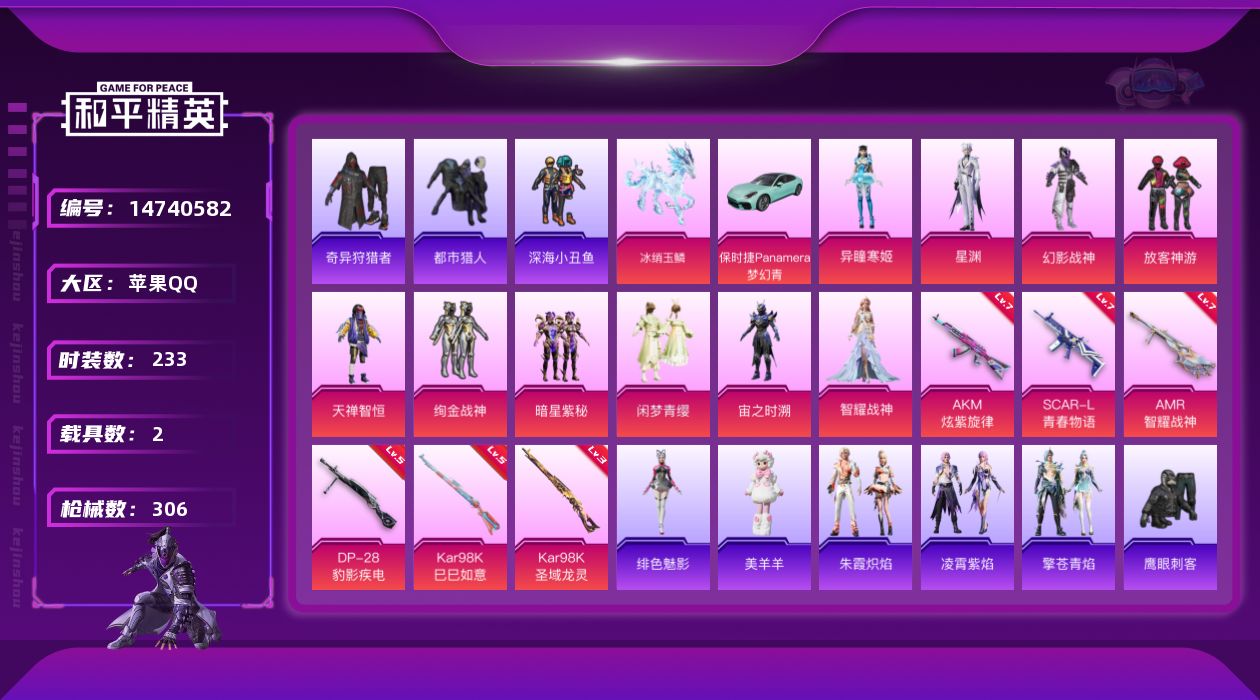 和平精英账号苹果QQ[14740582]【店主推荐捡漏号！可直接换绑】/素材身法号/地铁满天赋 苹果 手Q-11粉装-6特效枪-2载具-8粉色飞行器-10w热力值-17王牌印记-233套装-306枪皮【热门品类】：套装-