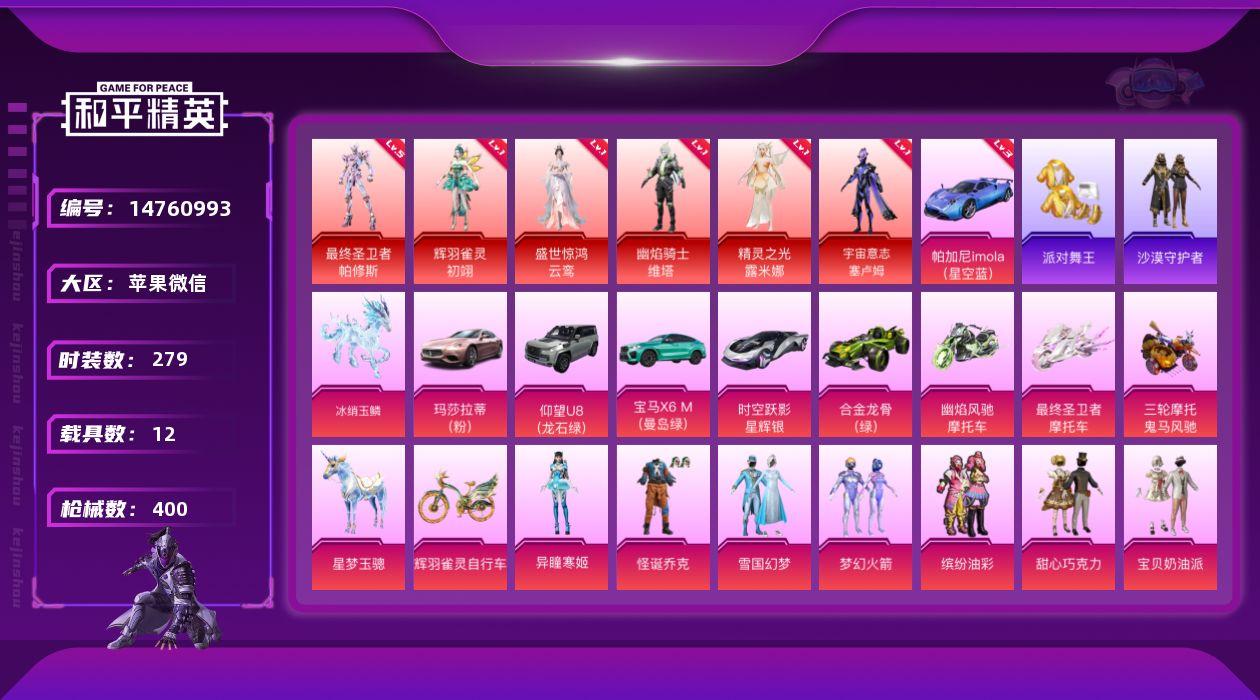 和平精英账号苹果微信[14760993]可二次【店主推荐捡漏号！可直接换绑】/素材身法号/最终圣卫者-帕修斯(五级)/无敌战神框1/绝世印记9/地铁满天赋 苹果 微信-无敌战神框-6神装-40粉装-27特效枪-12载具-