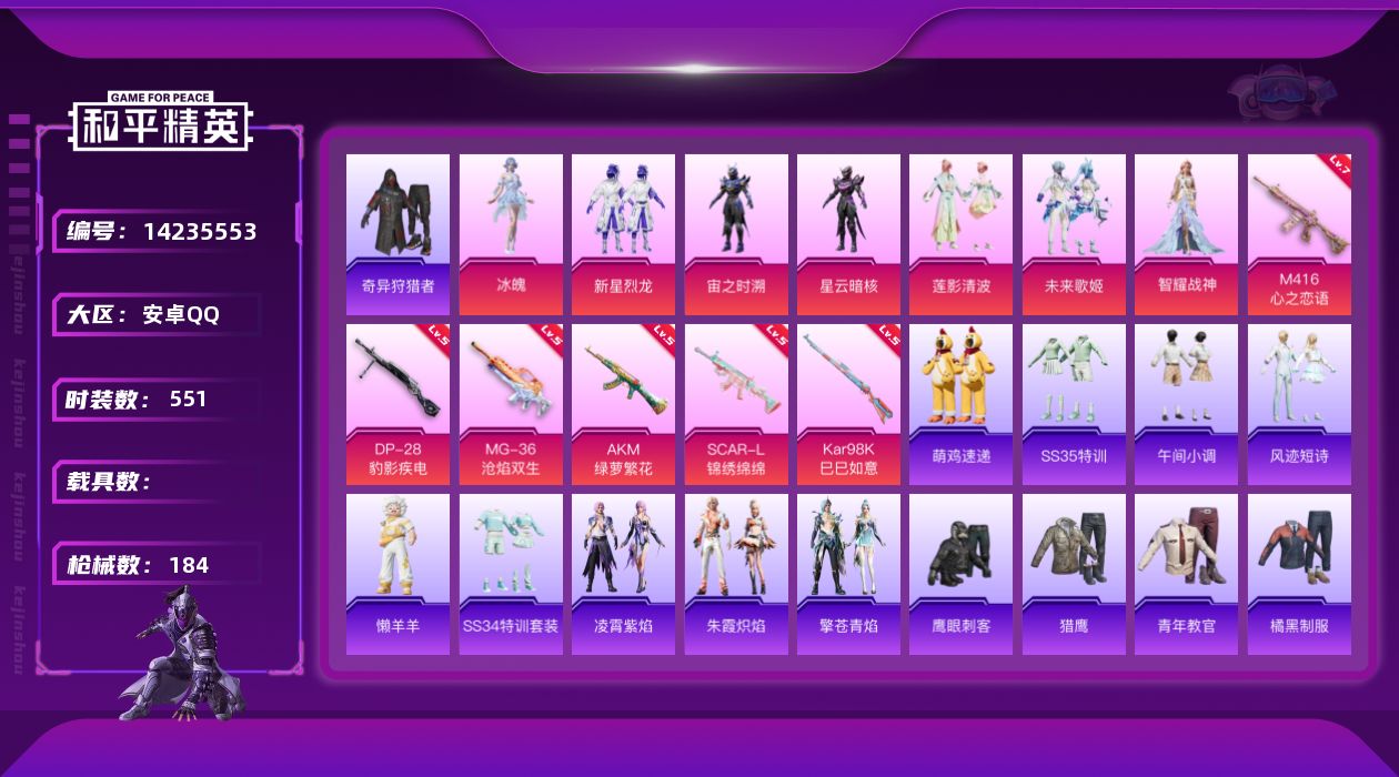 和平精英账号安卓QQ0载具-155套装-184枪皮-[]7粉装 6特效枪 10印记 可二次 可修改实名 
【热门装扮】: