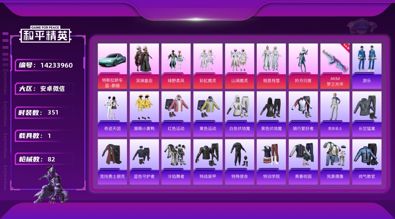 和平精英账号安卓微信1载具-94套装-82枪皮-[]6粉装 1特效枪 1载具 3印记 可二次 可修改实名 
【热门装扮】