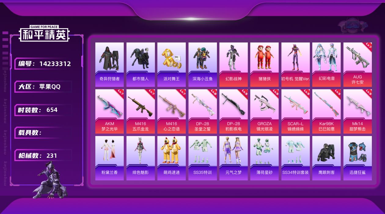和平精英账号苹果QQ0载具-180套装-231枪皮-[]4粉装 10特效枪 20印记 可二次 可修改实名 
【热门装扮】
