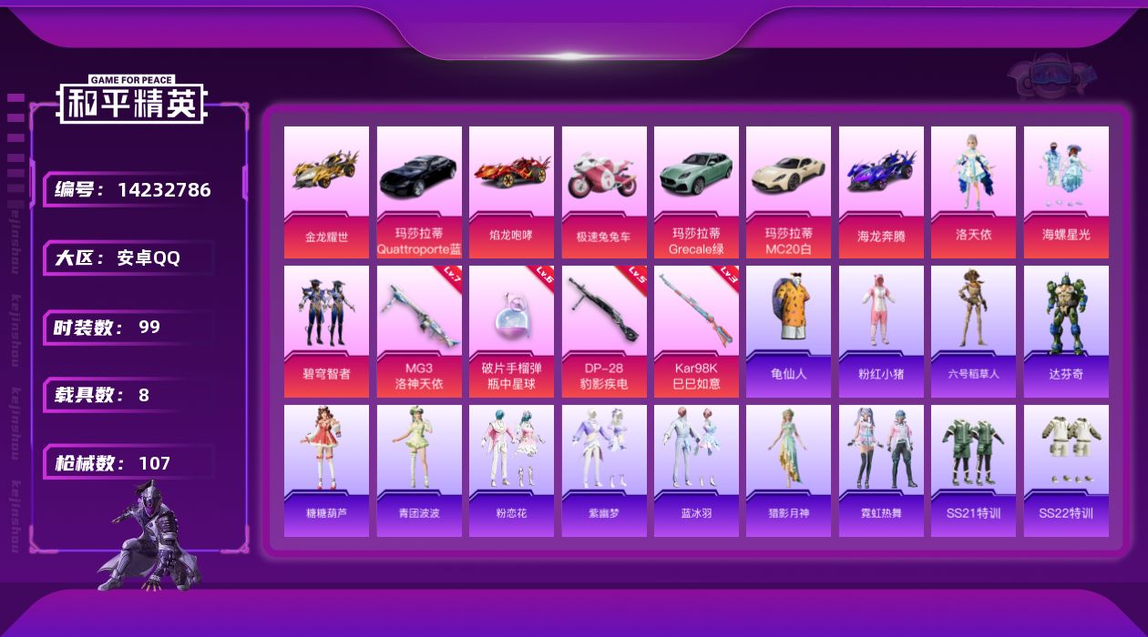 和平精英账号安卓QQ[14232786]单字韩文【店主推荐捡漏号！可直接换绑】/素材身法号 安卓 手Q-3粉装-4特效枪-8载具-1粉色飞行器-4.3w热力值-6王牌印记-99套装-107枪皮【热门品类】：套装-暗夜行者