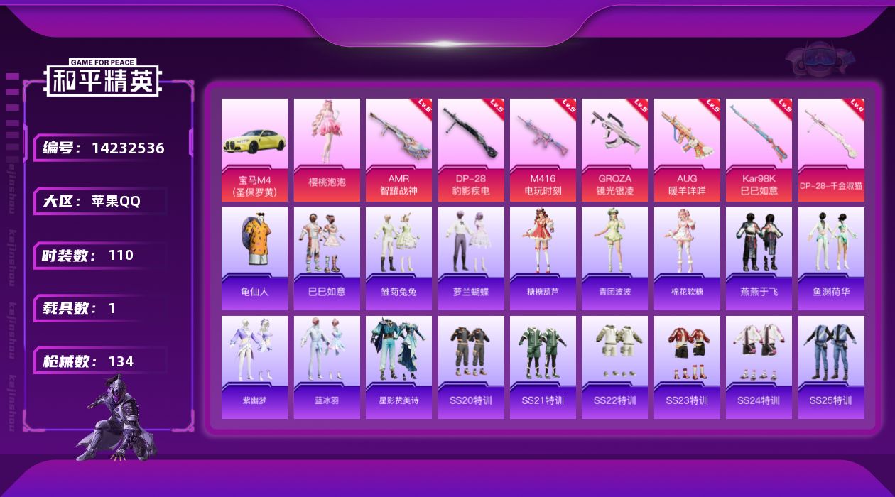 和平精英账号苹果QQ[14232536]【店主推荐捡漏号！可直接换绑】/地铁满天赋 苹果 手Q-1粉装-7特效枪-1载具-2粉色飞行器-3.8w热力值-9王牌印记-110套装-134枪皮【热门品类】：套装-龟仙人【粉色载