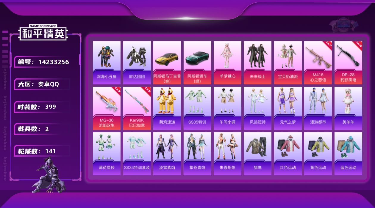 和平精英账号安卓QQ2载具-104套装-141枪皮-[]3粉装 4特效枪 2载具 5印记 可二次 可修改实名 
【热门装