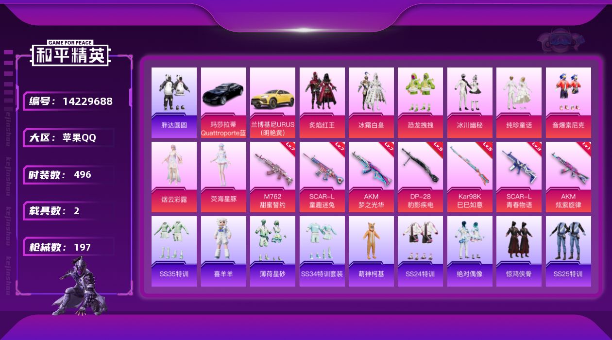 和平精英账号苹果QQ[14229688]"DF326 可二次 苹果Q-1稀有2载具8粉装7特效枪12热门136套装197枪皮 70466热力值 15印记 历史传奇王牌18星 浪漫天命   SCAR-L-童趣迷兔 (7级)