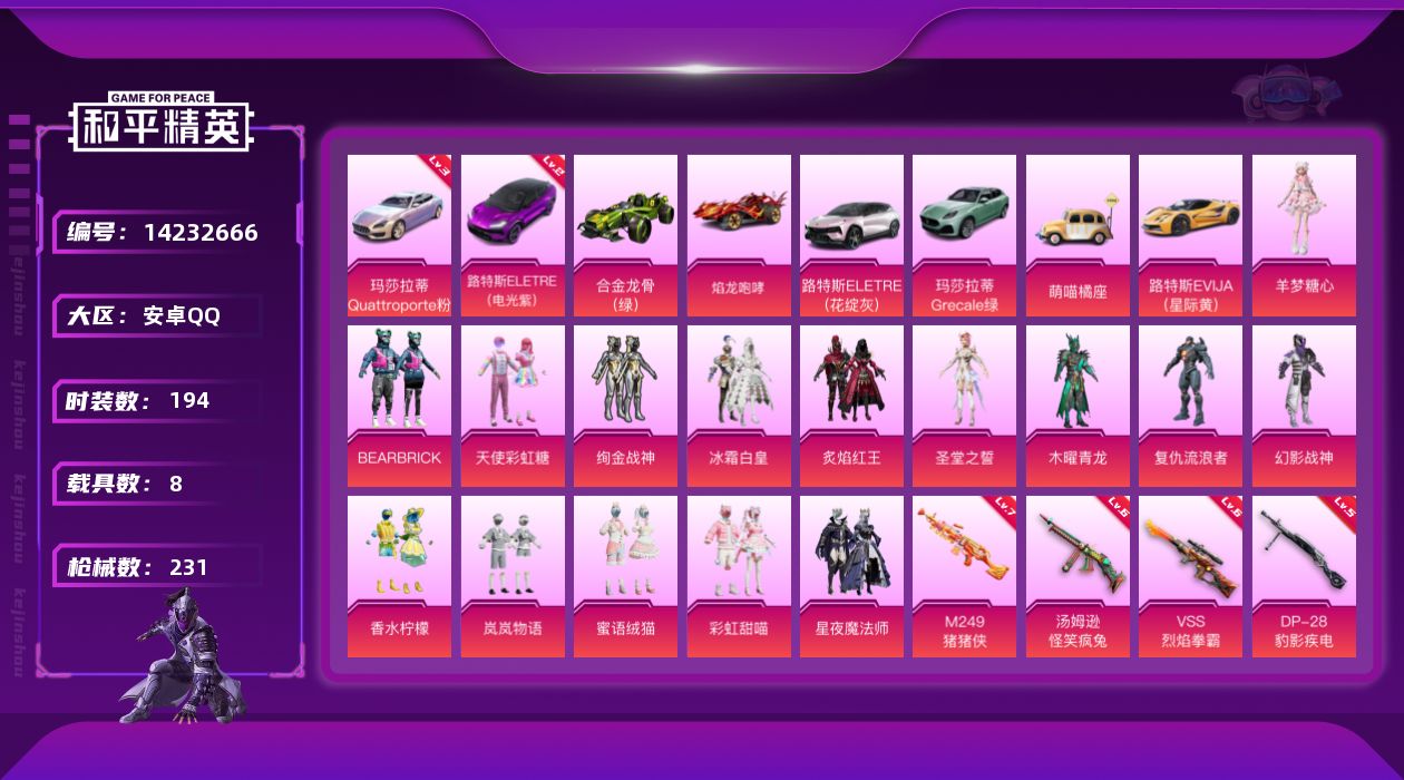 和平精英账号安卓QQ[14232666]可二次【店主推荐捡漏号！可直接换绑】/素材身法号 安卓 手Q-16粉装-5特效枪-8载具-8粉色飞行器-9.6w热力值-5王牌印记-194套装-231枪皮【红色载具】：路特斯ELE