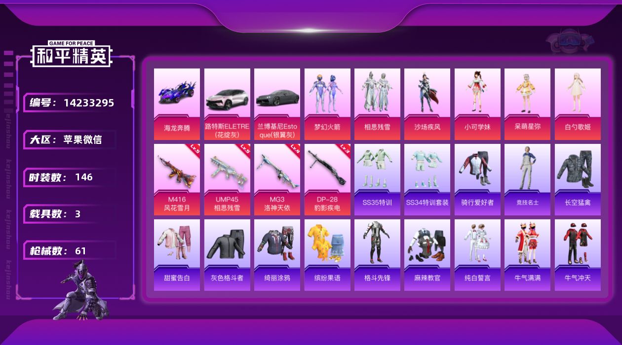 和平精英账号苹果微信3载具-44套装-61枪皮-[]6粉装 4特效枪 3载具 1印记 可二次 可修改实名 
【热门装扮】