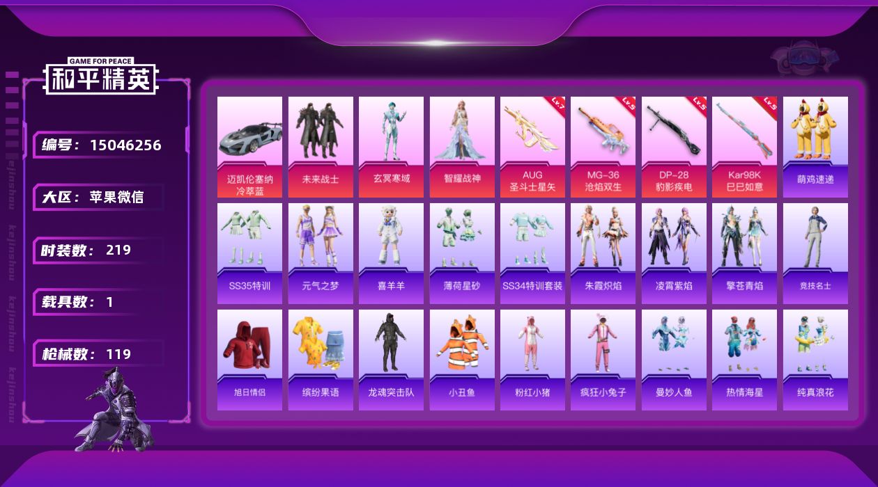 和平精英账号苹果微信3粉装 4特效枪 1载具 4印记 可二次 可修改实名 
【热门装扮】:玄冥寒域,智耀战神,未来战士
