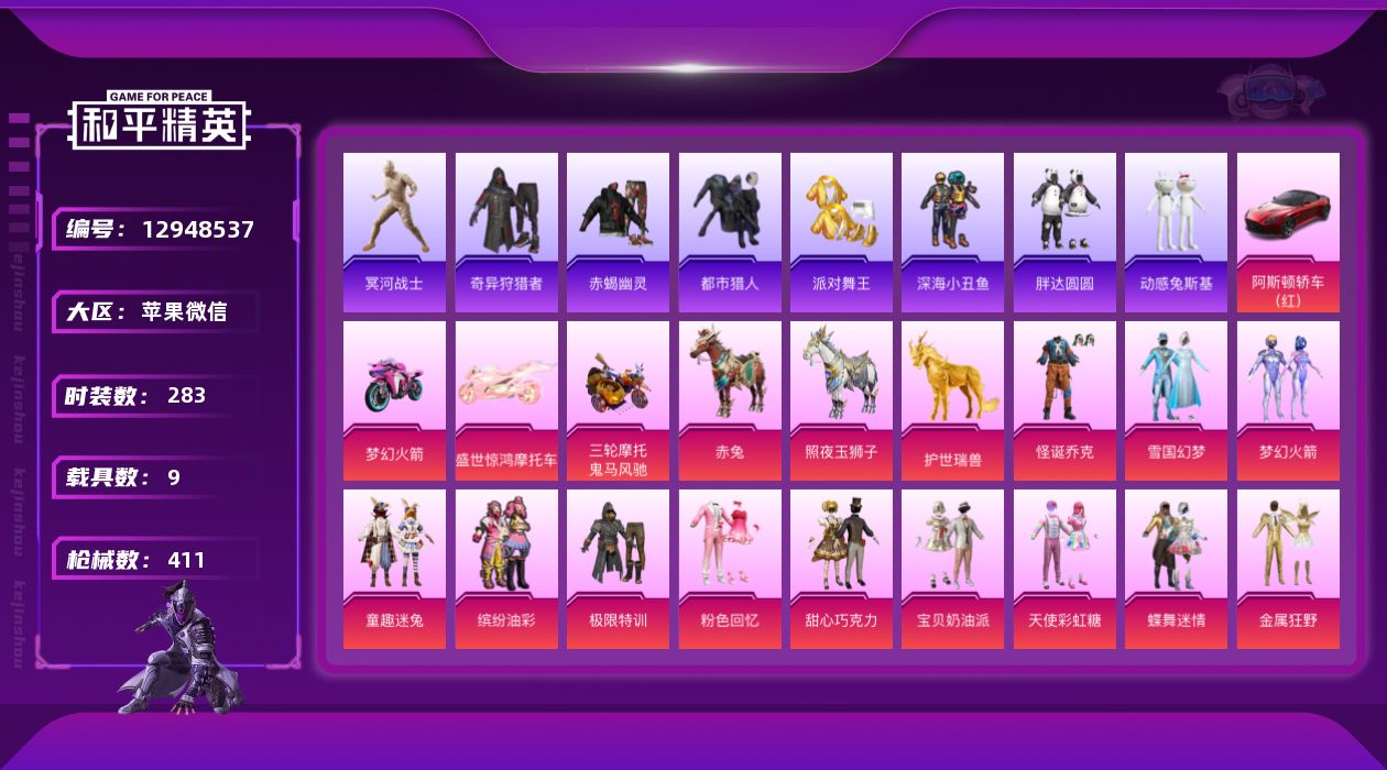 和平精英账号苹果微信素材身法号/老木乃伊/无敌战神框1/绝世印记3/地铁满天赋 苹果 微信-无敌战神框-33粉装-31特效枪-9载具-5粉色飞行器-15.6w热力值-21王牌印记-283套装-411枪