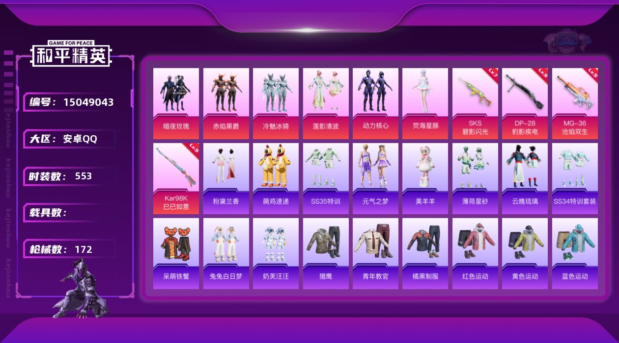 和平精英账号安卓QQ6粉装 4特效枪 8印记 可二次 可修改实名 
【热门装扮】:动力核心,荧海星豚,赤焰黑爵,冷魅冰骑