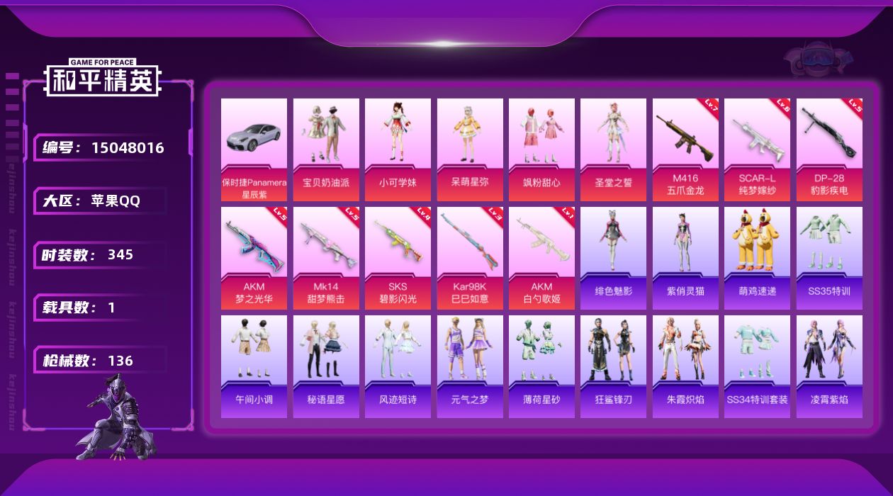 和平精英账号苹果QQ5粉装 8特效枪 1载具 9印记 可二次 可修改实名 
【热门装扮】宝贝奶油派,飒粉甜心,呆萌星弥,