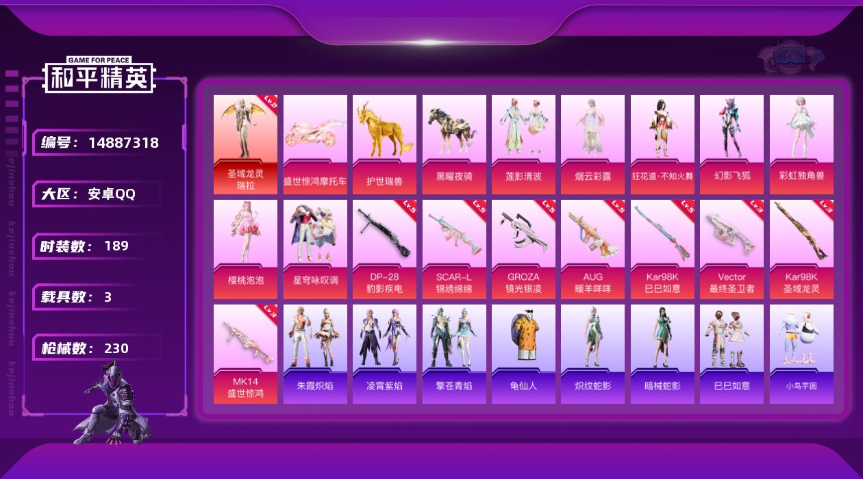 和平精英账号安卓QQ[14887318]【店主推荐捡漏号！可直接换绑】 安卓 手Q-1神装-7粉装-8特效枪-3载具-8粉色飞行器-7.9w热力值-8王牌印记-189套装-230枪皮【红色神装等级】：圣域龙灵-瑞拉(二级