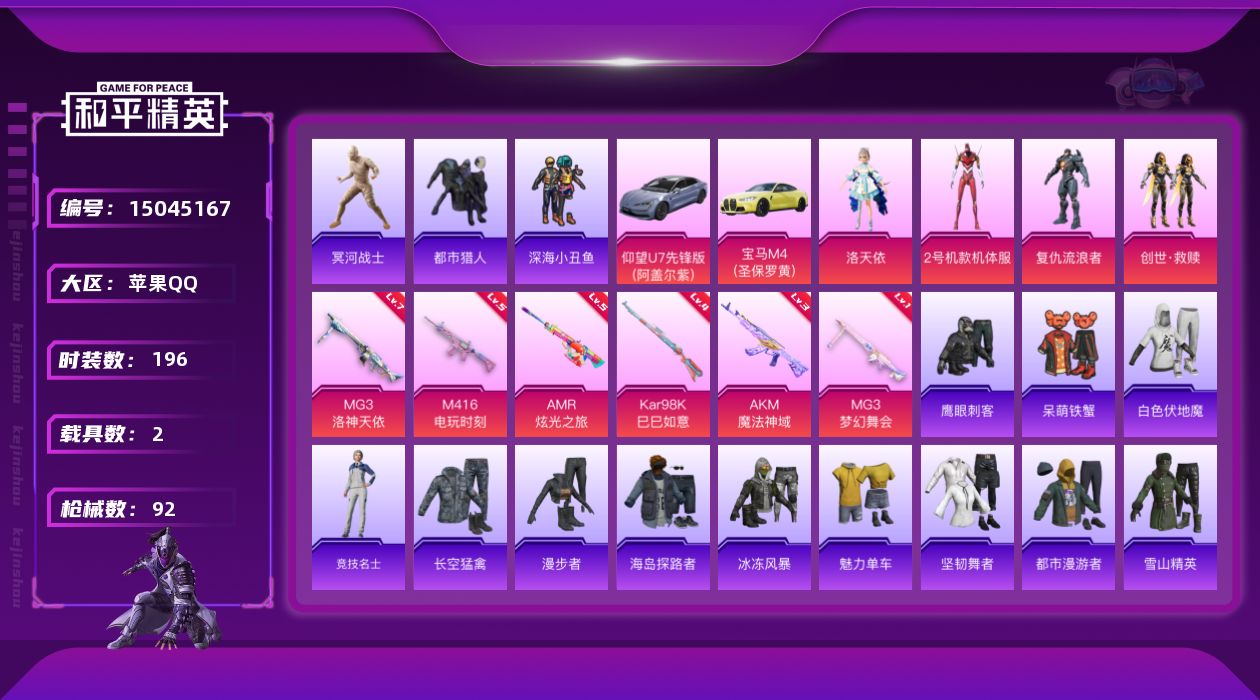和平精英账号苹果QQ4粉装 6特效枪 2载具 3印记 可二次 可修改实名 
【热门装扮】:2号机款机体服(红螳螂),冥河