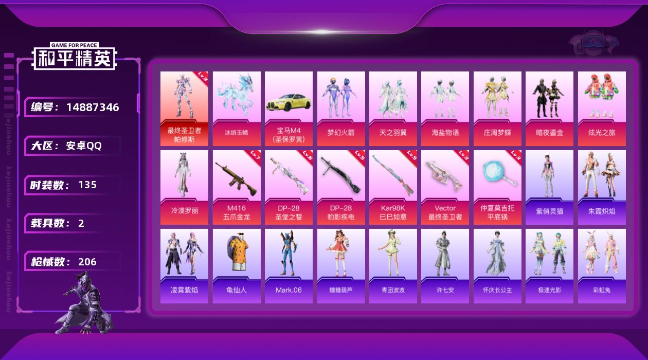 和平精英账号安卓QQ[14887346]【店主推荐捡漏号！可直接换绑】素材身法号  安卓 手Q-1神装-8粉装-6特效枪-2载具-4粉色飞行器-7w热力值-6王牌印记-135套装-206枪皮
【红色神装等级】：最终圣卫者