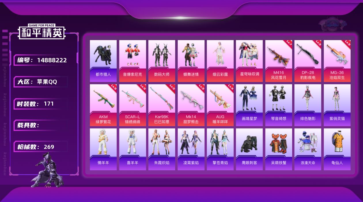 和平精英账号苹果QQ[14888222]【店主推荐捡漏号！可直接换绑】苹果 手Q-5粉装-8特效枪-0载具-4粉色飞行器-74898热力值-16王牌印记-171套装-269枪皮
【热门品类】：粉装-音爆索尼克，套装-浪漫