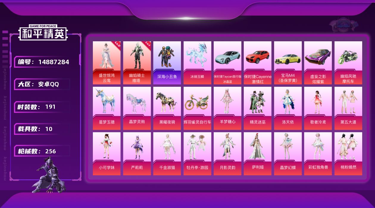 和平精英账号安卓QQ[14887284]【可二次 店主推荐捡漏号！可直接换绑】安卓 手Q-2神装-28粉装-17特效枪-10载具-23粉色飞行器-110740热力值-9王牌印记-191套装-256枪皮
【红色神装等级】：