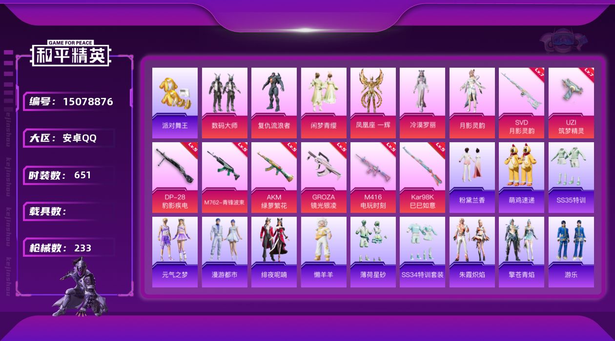 和平精英账号安卓QQ6粉装 8特效枪 14印记 可二次 可修改实名 
【热门装扮】:月影灵韵,冷漠罗丽,凤凰座 一辉,数