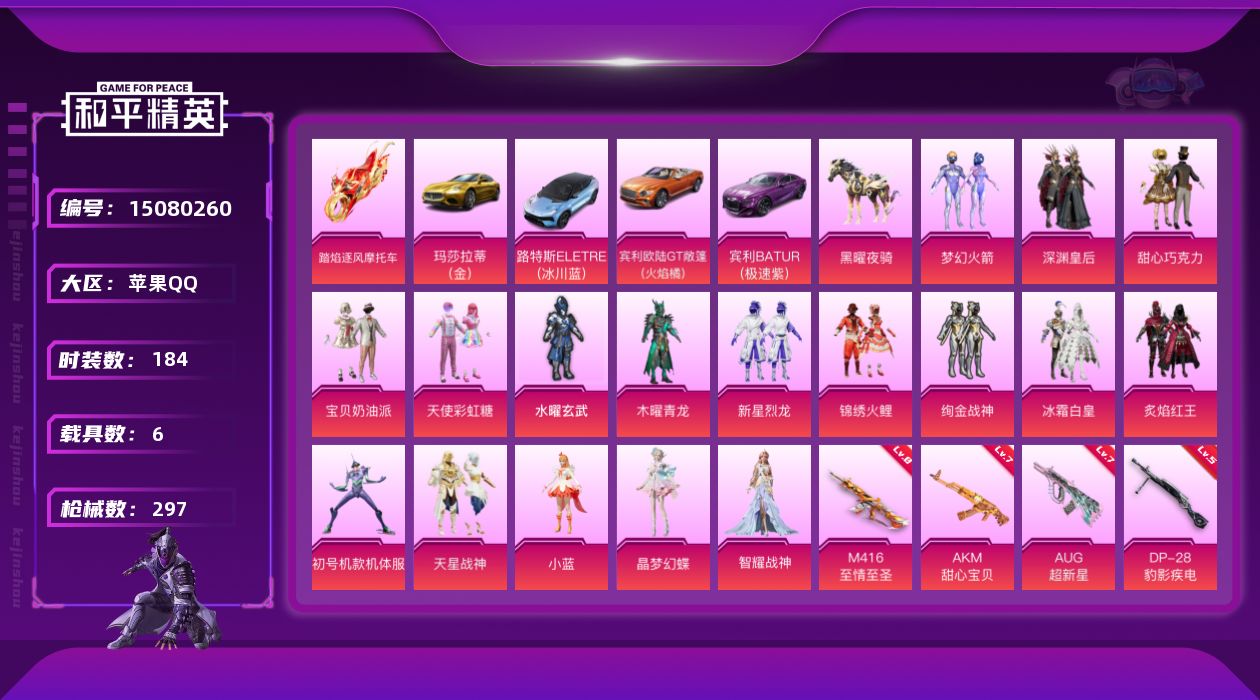和平精英账号苹果QQ[15080260]连体端游穿越火线满级苹果q /【店主推荐捡漏号！可直接换绑】/素材身法号  苹果 手Q-17粉装-18特效枪-6载具-5粉色飞行器-11.2w热力值-12王牌印记-184套装-29