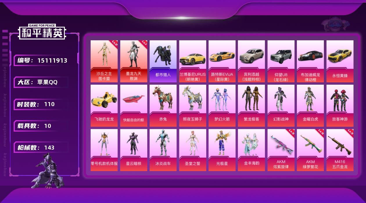 和平精英账号苹果QQ[15111913]【特价出售/店主推荐】苹果 手Q-2神装-11粉装-6特效枪-10载具-6粉色飞行器-5.9w热力值-3王牌印记-110套装-143枪皮
【红色神装等级】：墨龙九天-敖渊(一级)，