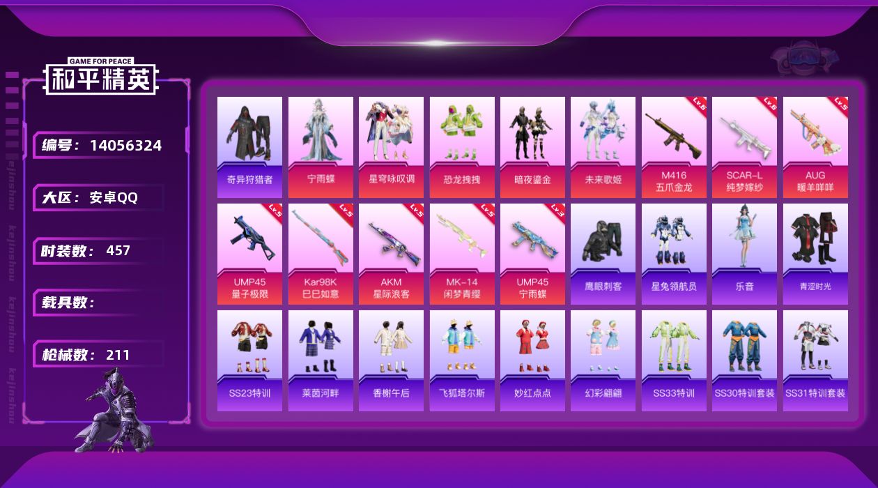 和平精英账号安卓QQ实名: 可修改 时装数: 457 枪械数: 211 战备数: 147 热门装扮: 奇异狩猎者,鹰眼刺