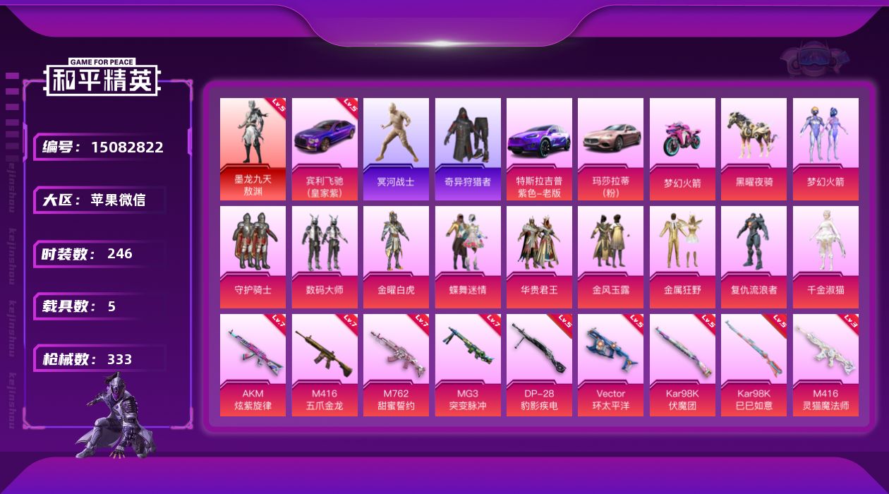 和平精英账号苹果微信[15082822]苹果 3级星梦5级敖渊新101木乃伊巡查衣5级宾利3把7级枪！ 微信-1神装-10粉装-13特效枪-5载具-7粉色飞行器-132488热力值-28王牌印记-246套装-333枪皮
