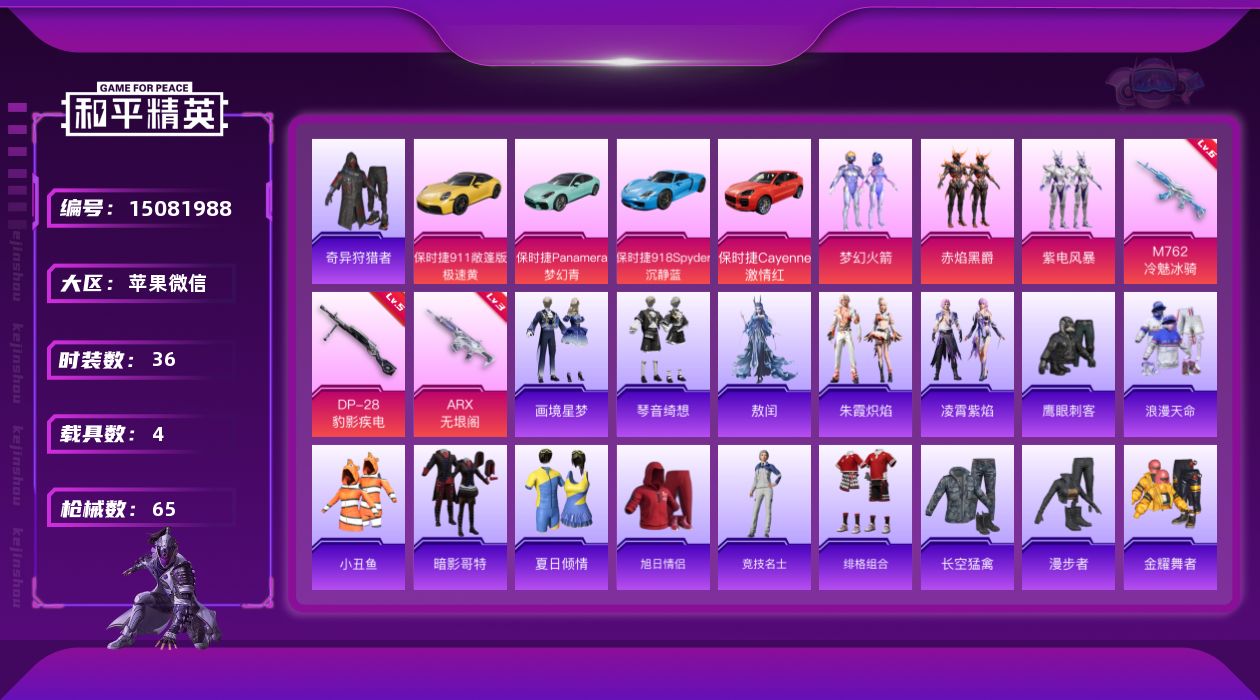 和平精英账号苹果微信[15081988]【店主推荐捡漏号！可直接换绑】 苹果 微信-3粉装-3特效枪-4载具-1粉色飞行器-21704热力值-3王牌印记-36套装-65枪皮
【热门品类】：粉装-梦幻火箭，套装-浪漫天命，