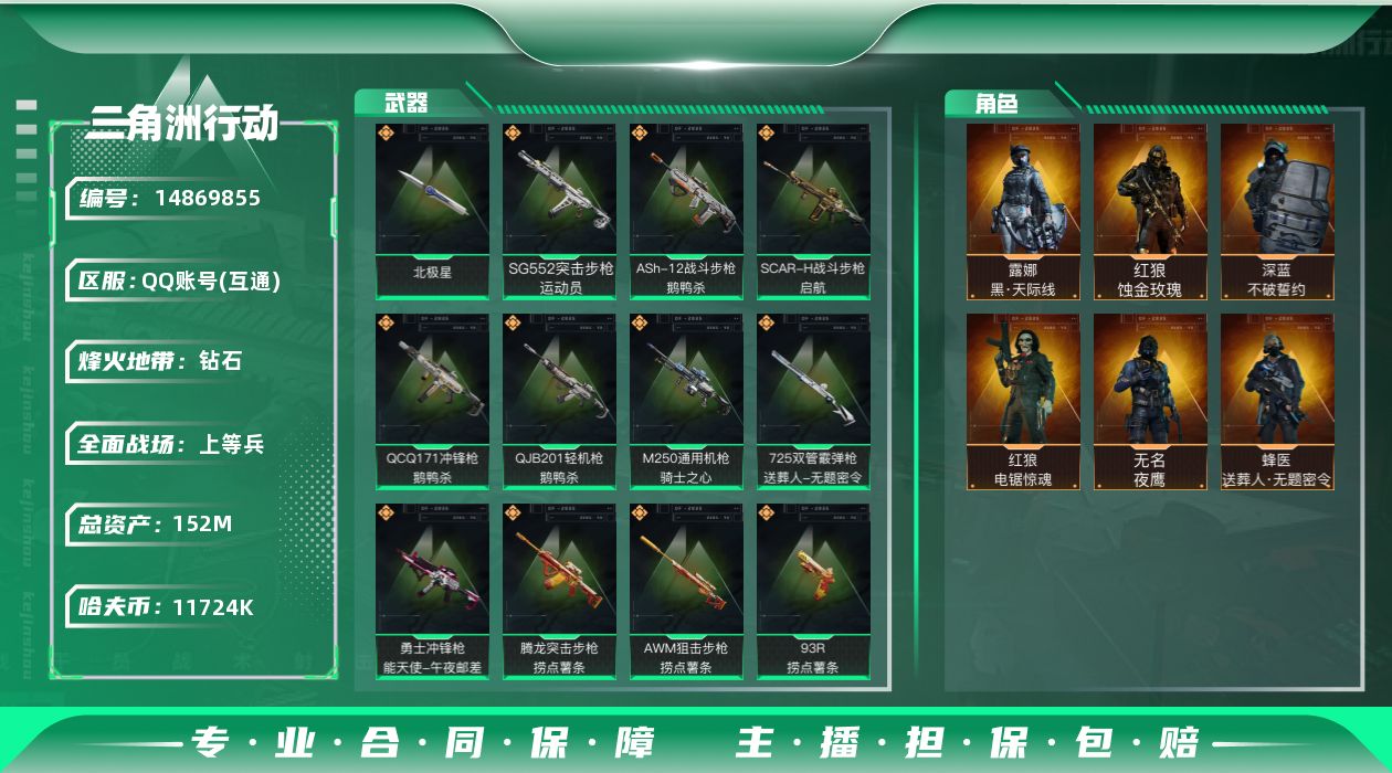 三角洲行动账号QQ152m总资产-11724k哈伏币-60烽火等级-钻石-29战场等级-上等兵
【干员外观】：红狼-蚀